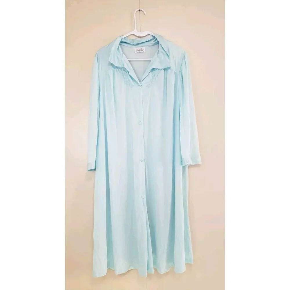 Vtg Vanity Fair Women XL House Coat Robe Lightweight Blue Floral Embroidery - Picture 1 of 5